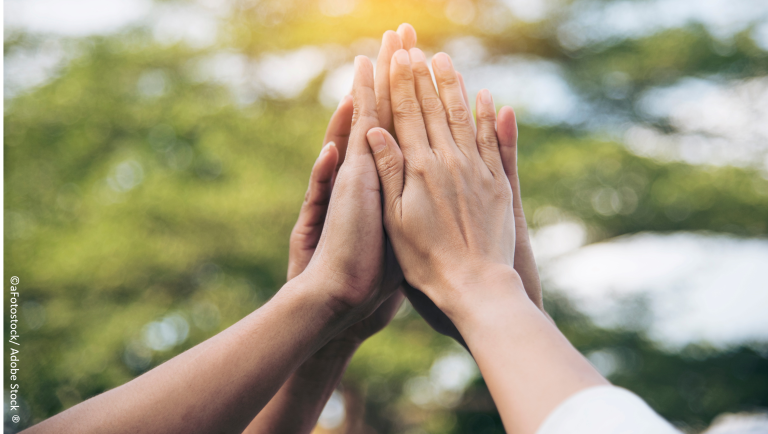 Plusieurs mains font un "high five" sur fond arboré