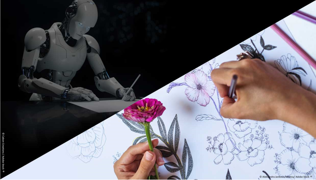 Image sur laquelle on voit une main humaine et un robot dessiner